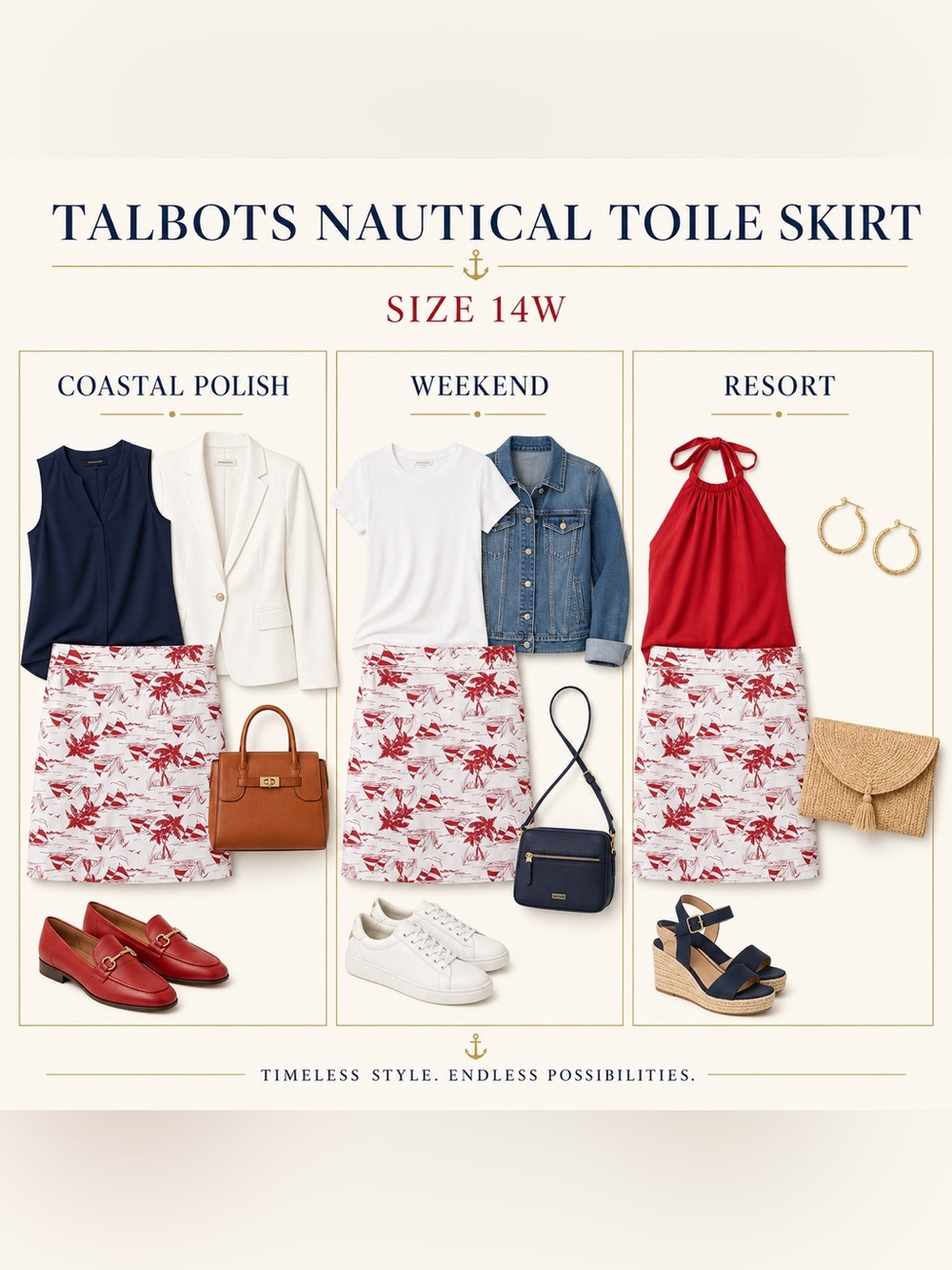 Talbots Plus Nautical Toile Above-Knee Skirt Size 14W